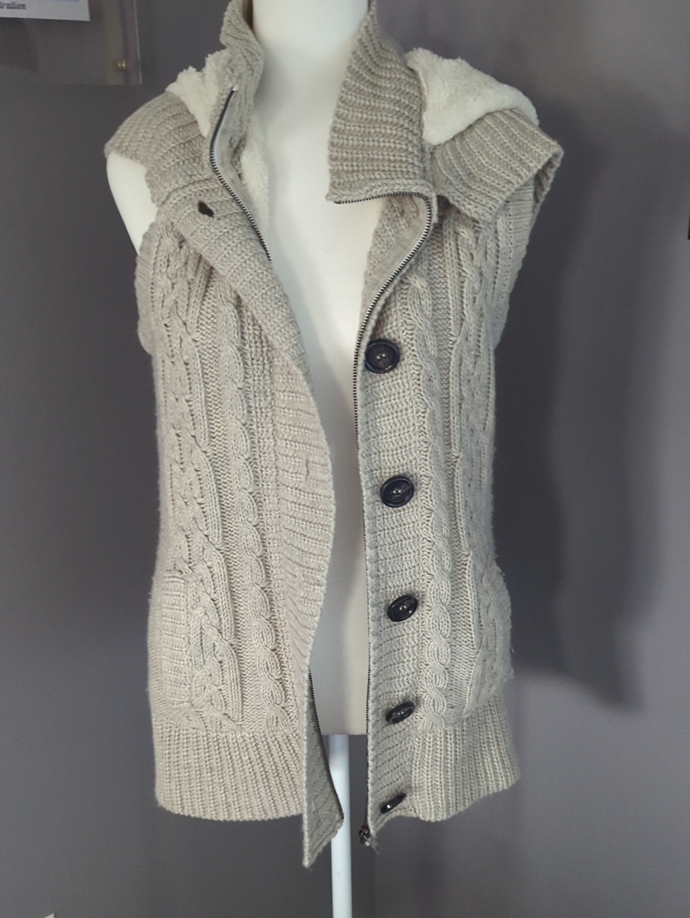 Ci Sono Light Taupe Cable Knit Sleeveless Hooded Cardigan